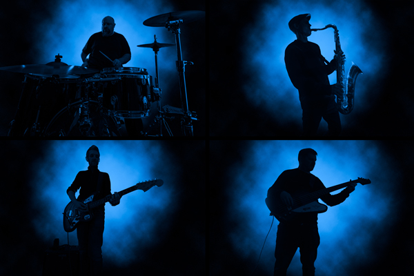Mustard Allegro image. The silhouettes of the 4 members of the band. There is a dark blue smoky background. The 4 members are playing their instruments: 2 are playing guitars, 1 is playing the saxophone, and 1 is playing the drums. 