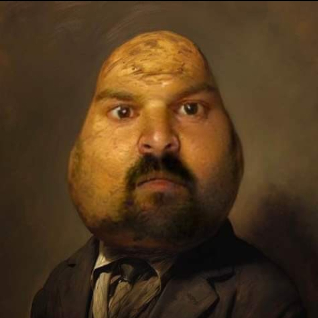 An image of Wayne The Weird. It has been altered to make it look like the photo is an old portrait painting. And his head has been warped to look like a potato. 